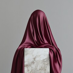 An Arabian woman in a red cloak and black dress poses as a dark beauty model wearing a Virgin Mary and Jesus costume for a fashion person photography shoot