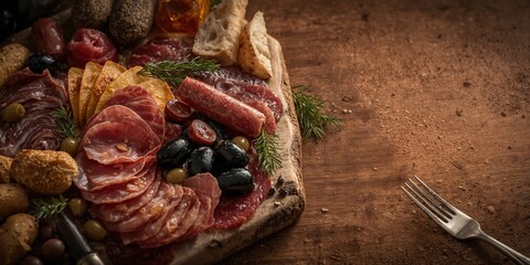 Assorted meat snacks including salami, prosciutto, and sausage served with wine, suitable for casual dining