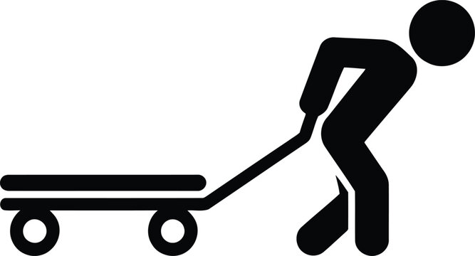 Human figure in black pulls a simple flat cart with small wheels