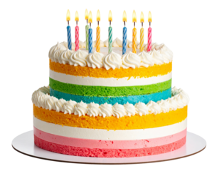 Colorful Birthday Cake with Candles, Front View, Isolated on Transparent Background