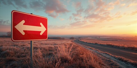 Directional road sign with red and white markings in a rural winter setting at dusk, highlighting traffic guidance and visibility, Traffic Safety Week