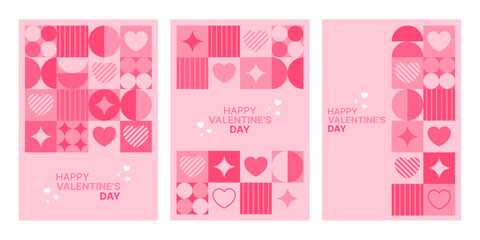 Fototapeta premium Set of three seamless patterns and two greeting cards for Valentines Day with geometric abstract hearts. Love and romance concept.
