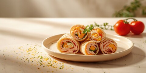 Cold cut and cheese roll-up on a neutral plate, highlighting a simple snack or appetizer