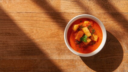 Traditional Spanish gazpacho with vegetable blend garnished with croutons and parsley, ideal for a cooling meal