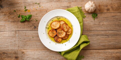 Plate featuring garlic slices on a green napkin suitable for culinary presentation, food styling techniques