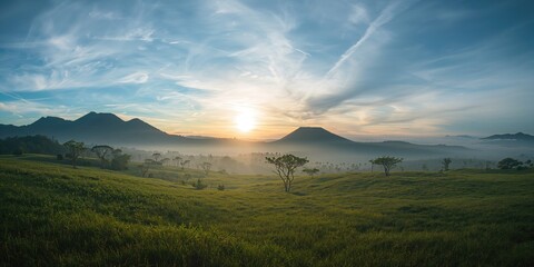 Morning light illuminating a volcanic mountain and valley scene, highlighting geological features, Earth Day