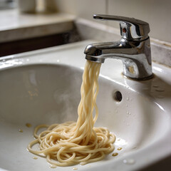 close up of a kitchen sink tap pouring noodles 