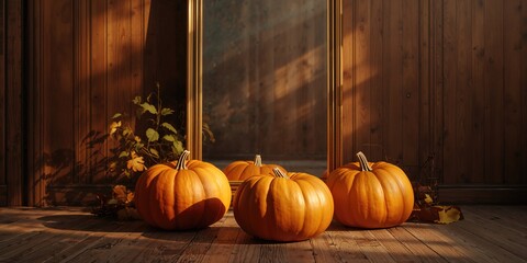 Pumpkins resting on the floor beside a mirror, emphasizing fall harvest or Halloween decoration