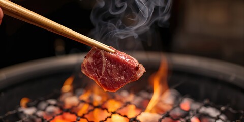 Japanese-style BBQ featuring wagyu beef on glowing charcoal with chopsticks, emphasizing heat control
