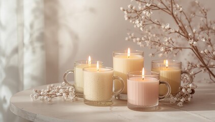 A collection of scented candles in holders, used for enhancing mood and ambiance, World Candle Day