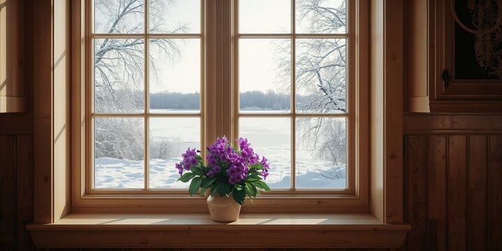 Indoor scene featuring African Violets on a kitchen windowsill with a winter lake view behind, plant care