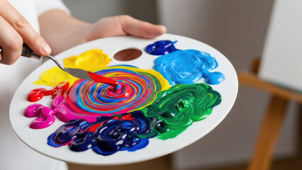 A hand uses a palette knife to create a vibrant swirl of colors on an artist palette