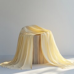 An elegant white silk wedding curtain decorated with a gold ribbon bow hangs on a mannequin to showcase luxury fashion fabric and bridal gown textile design for a beauty boutique