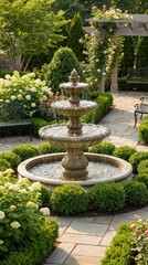 Elegant Garden Fountain Surrounded by Lush Greenery and Flowers