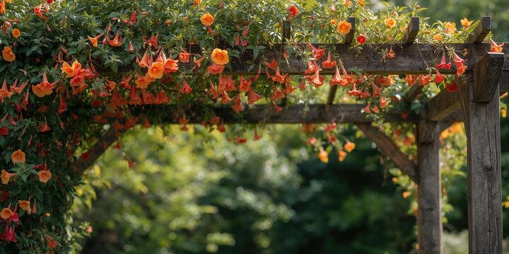 Campsis radicans climbing a pergola as a decorative vine, outdoor greenery and architectural integration