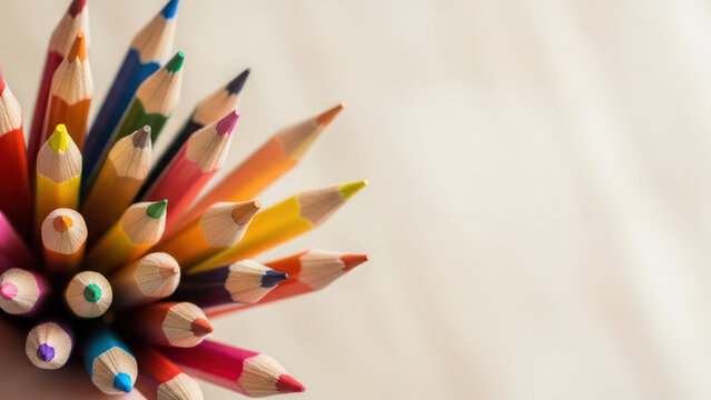 A vibrant bunch of colored pencils showing their sharpened and unsharpened ends