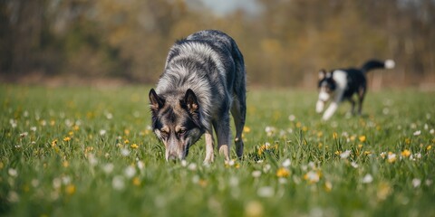 Obraz premium Mixed breed shepherd sniffing the ground in a spring field, natural foraging behavior