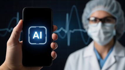 Doctor holding smartphone with AI logo and digital heartbeat waveform in background
