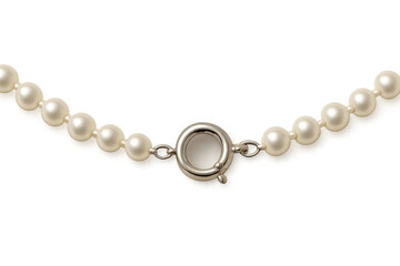 Pearl necklace with sterling silver clasp on transparent background