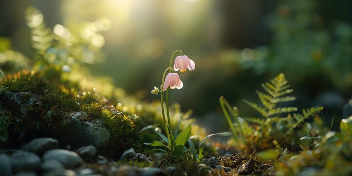 Linnaea borealis, small twinflower with soft pink flowers growing in Finnish wild terrain, highlighting native flora