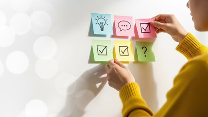 Obraz premium A person in a yellow sweater organizes sticky notes for project planning and task management