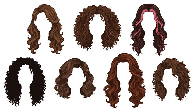 Stylized Wavy and Curly Hairstyles for Avatars, digital hairstyle, wavy hair illustration, curly hair avatar, brown hair design, pink highlights, character customization, fashion hair art, long hair, 