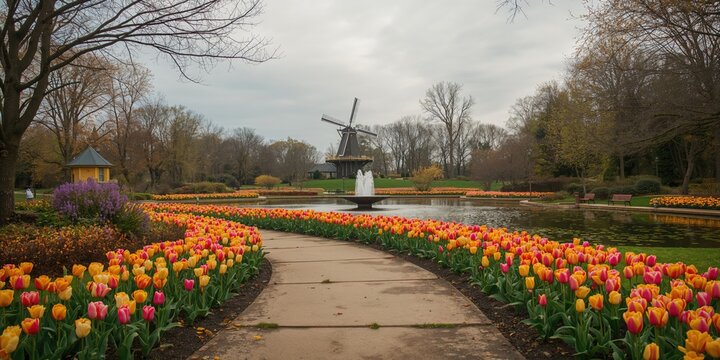 Sunken Gardens Park pathway lined with tulips, windmill, and water feature, serving as a vibrant floral attraction during festival season