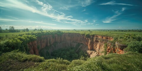 Obraz premium Large sinkhole in a rocky terrain, geological instability, Earth Day