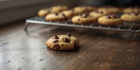 Freshly baked chocolate chip cookies on a non-stick tray with cooling rack, highlighting home baking process, National Cookie Day