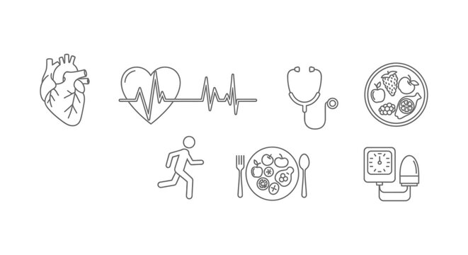Essential line icons representing cardiovascular health fitness diet monitoring and medical checkup concepts