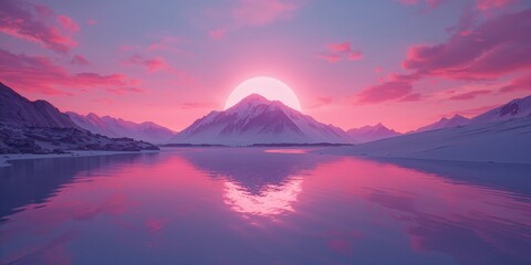 Dreamlike scene featuring unusual mountains, water body, and a pink violet sunset sky, suitable for creative layouts