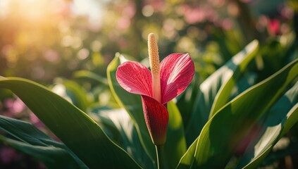 Flamingo flower featuring colorful petals and lush foliage, suitable for interior plant arrangement, Earth Day