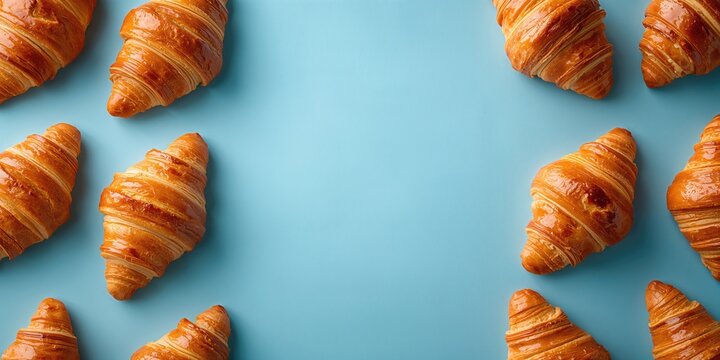 Freshly baked croissants arranged on a blue background, highlighting breakfast options