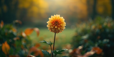 Autumn garden scene featuring a dahlia flower, emphasizing seasonal floral display