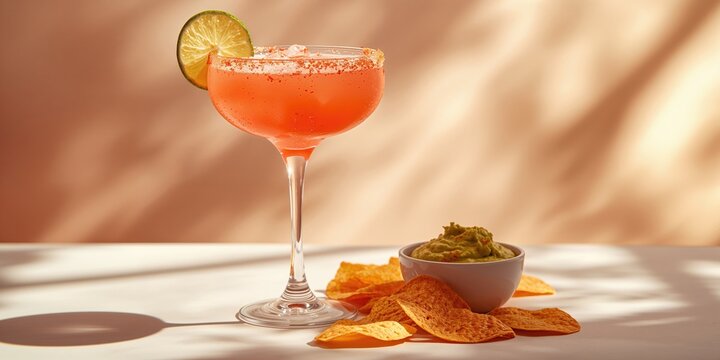Citrus cocktail with chili salt rim alongside tortilla chips lime wedges and guacamole, focusing on flavor balance