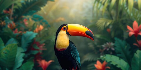Bright toucan resting on a tree limb, highlighting tropical bird features for wildlife conservation awareness