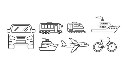 Naklejka premium Set of white line art transportation icons including car bus train ship plane and bicycle on black
