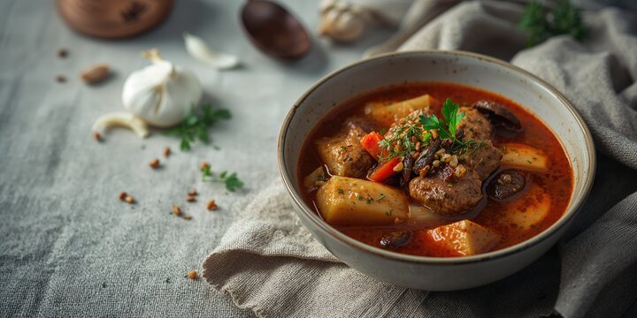 Pork and mushroom goulash soup, protein-rich ingredients in a rustic broth