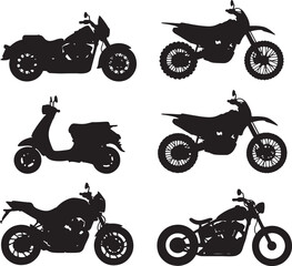Obraz premium Collection of six distinct black silhouettes showcasing various motorcycle types including a cruiser, scooter, and dirt bikes also transparent background