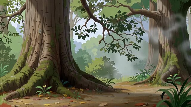 Majestic forest scene with ancient trees and mist.