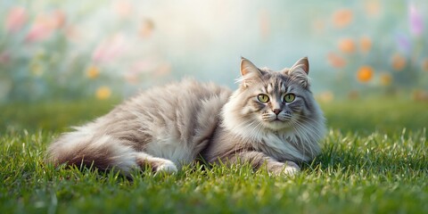 Obraz premium Feline lying on vibrant grass background, suitable for animal-themed wallpaper or pattern use