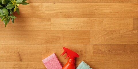 Spring household cleaning scene on wooden surface used as background for layout design, cleanliness and organization