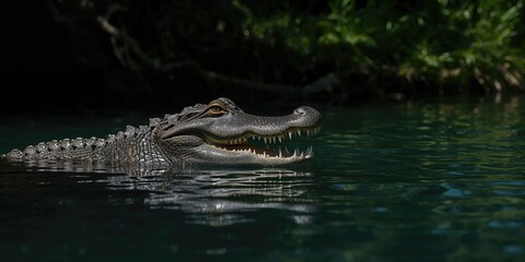 Fototapeta premium Crocodile submerged in water, illustrating natural aquatic environments
