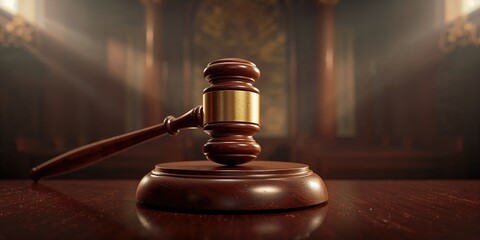 Gavel made of wood with brass accents placed on a court or auction table, symbolizing judgment and fairness, World Justice Day