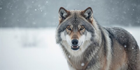 Obraz premium Adult gray wolf with direct gaze, highlighting focus and survival instincts, Earth Day conservation