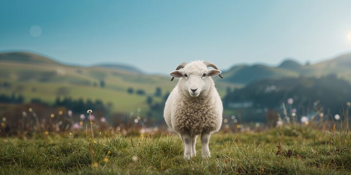 Fuzzy lambs with horns in a rural farm landscape during Easter, sheep livestock and wool, animal husbandry