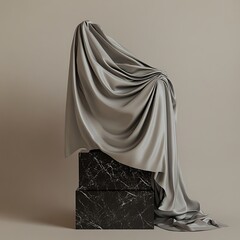 An elegant long black silk dress poses against white curtains in a studio, showcasing glamour and fashion style with a dark hair contrast on a white background