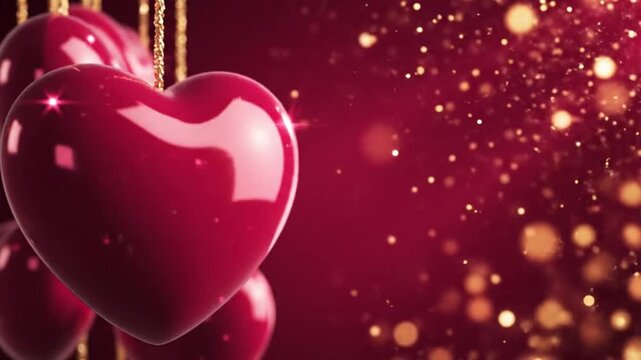 Red heart shaped ornaments hanging on gold strings with bokeh lights