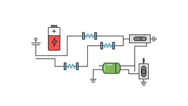 Electrical circuit diagram with battery resistors switches and a green component