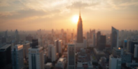 Obraz premium Blurred cityscape with tall structures under golden dawn light, urban environment, Earth Day